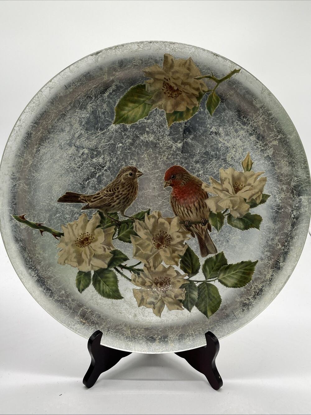 Vintage 1970s Decoupage Plate – Birds & Flowers Silver Crackle Art (15" Round)